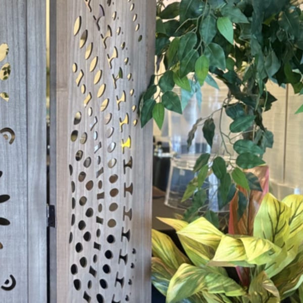 Decorative wooden screen with cutouts beside lush green and variegated plants, enhancing the Irie Diner ambiance.